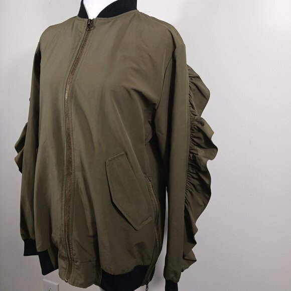 Gianni Bini Dark Khaki Jacket W/Ruffled Back & Sleeves, Size Medium, Utility - Picture 5 of 16